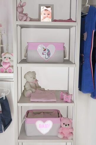 Storage Basket for Nursery Organizer, Baby Girl Canvas Fabric Bin, Storage Box with Reversible Sequence Heart Patch. Great Baby Shower Basket Gift in Saudi Arabia