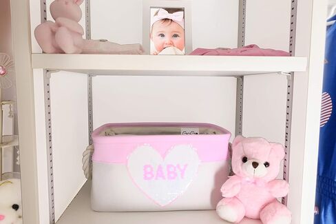 Storage Basket for Nursery Organizer, Baby Girl Canvas Fabric Bin, Storage Box with Reversible Sequence Heart Patch. Great Baby Shower Basket Gift in Saudi Arabia