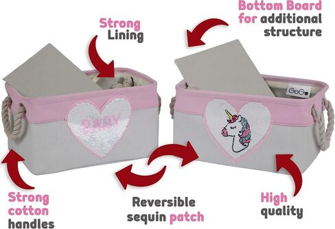 Storage Basket for Nursery Organizer, Baby Girl Canvas Fabric Bin, Storage Box with Reversible Sequence Heart Patch. Great Baby Shower Basket Gift in Saudi Arabia
