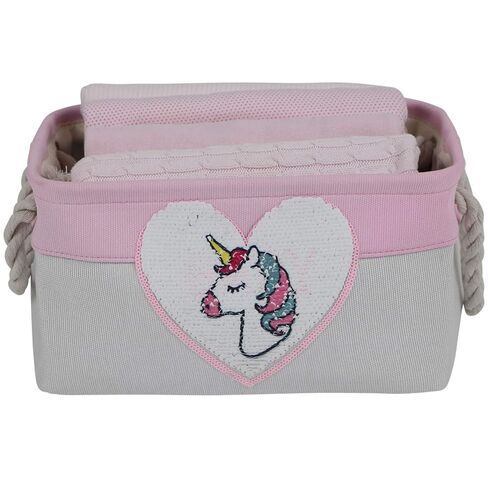 Storage Basket for Nursery Organizer, Baby Girl Canvas Fabric Bin, Storage Box with Reversible Sequence Heart Patch. Great Baby Shower Basket Gift in Saudi Arabia