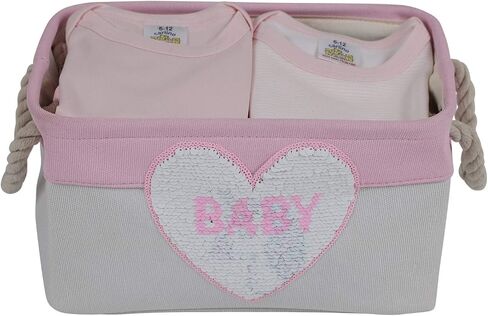 Storage Basket for Nursery Organizer, Baby Girl Canvas Fabric Bin, Storage Box with Reversible Sequence Heart Patch. Great Baby Shower Basket Gift in Saudi Arabia