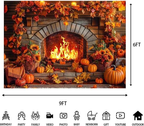 Autumn Fireplace Backdrop - 9x6ft Cozy Fall Harvest Scene with Pumpkins and Leaves Thanksgiving Decoration Warm Seasonal Fireplace Banner Autumn Party Decor in Saudi Arabia