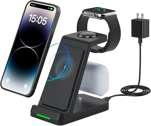 3 in 1 Charging Station Wireless Charger for iPhone 15 14 13 12 11 X, Apple Watch, Charging Dock for AirPods by Lightning (QC3.0 Adapter Included, Black) in Saudi Arabia