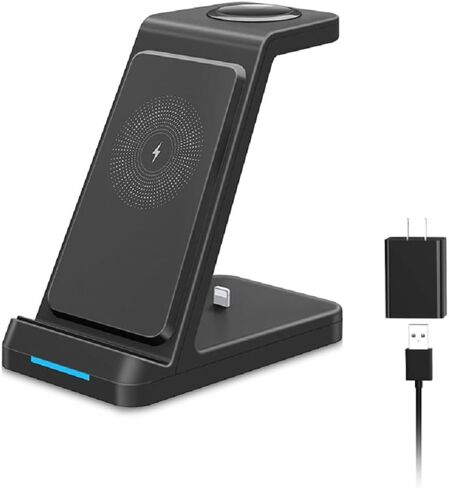 3 in 1 Charging Station Wireless Charger for iPhone 15 14 13 12 11 X, Apple Watch, Charging Dock for AirPods by Lightning (QC3.0 Adapter Included, Black) in Saudi Arabia