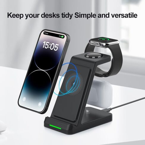3 in 1 Charging Station Wireless Charger for iPhone 15 14 13 12 11 X, Apple Watch, Charging Dock for AirPods by Lightning (QC3.0 Adapter Included, Black) in Saudi Arabia