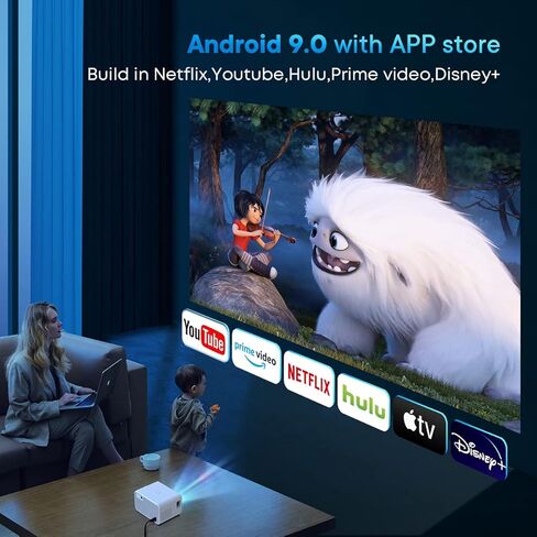 جهاز عرض أصلي 1080 بكسل، جهاز عرض صغير يدعم 450 ANSI Lumen 4K، تصحيح الانحراف 4P/4D، نظام تشغيل Android 9.0 مع متجر تطبيقات مدمج، تسجيل شاشة لاسلكي 5G WiFi لهاتف iPhone in Kuwait