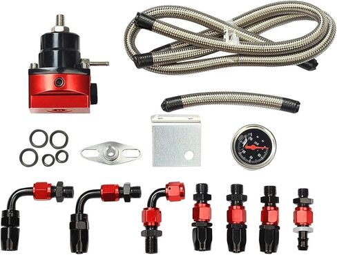 طقم منظم ضغط الوقود من الألومنيوم EFI Universal قابل للتعديل من Acylph مع تجهيزات خرطوم خط الوقود AN6-6AN مقاس 0-100 رطل لكل بوصة مربعة (أحمر وأزرق) in Kuwait