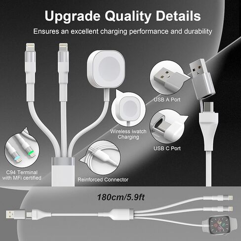 كابل شاحن 3 في 2 iPhone وiWatch لساعة Apple/iPhone/iPad/Airpods، سلك شحن USB A/USB C طويل إلى iWatch + سلك شحن Lightning مع Apple Carplay [معتمد من MFi]، 6 أقدام/1.8 متر in Kuwait