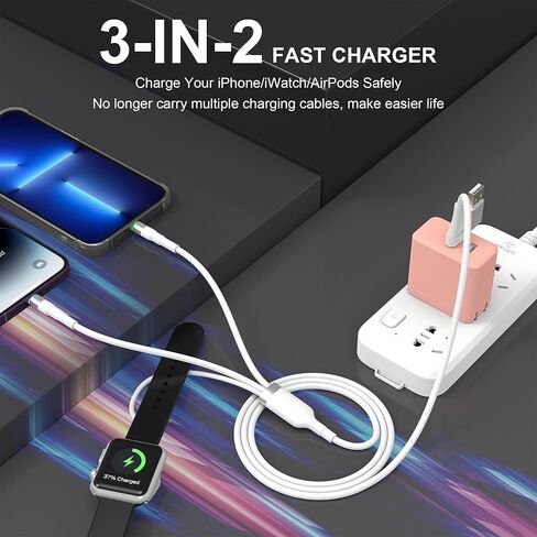 كابل شاحن 3 في 2 iPhone وiWatch لساعة Apple/iPhone/iPad/Airpods، سلك شحن USB A/USB C طويل إلى iWatch + سلك شحن Lightning مع Apple Carplay [معتمد من MFi]، 6 أقدام/1.8 متر in Kuwait