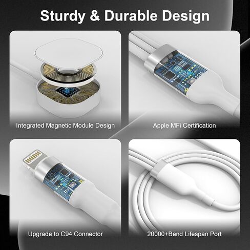 كابل شاحن 3 في 2 iPhone وiWatch لساعة Apple/iPhone/iPad/Airpods، سلك شحن USB A/USB C طويل إلى iWatch + سلك شحن Lightning مع Apple Carplay [معتمد من MFi]، 6 أقدام/1.8 متر in Kuwait