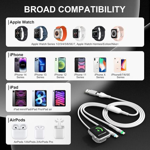 كابل شاحن 3 في 2 iPhone وiWatch لساعة Apple/iPhone/iPad/Airpods، سلك شحن USB A/USB C طويل إلى iWatch + سلك شحن Lightning مع Apple Carplay [معتمد من MFi]، 6 أقدام/1.8 متر in Kuwait