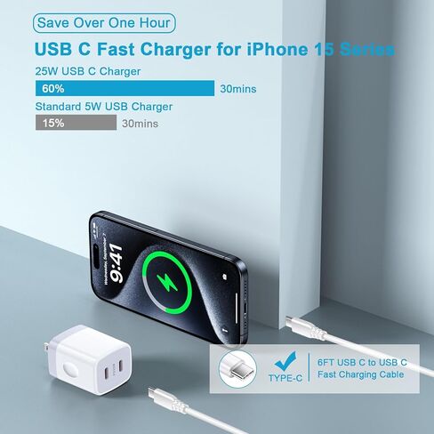 كابل شاحن USB C S24 من سامسونج شحن سريع 25 وات بمنفذ مزدوج USB C وسلك شاحن Android بطول 6 أقدام لهاتف Samsung Galaxy A15 5G/A35/A54/A55/A14/S24 Ultra/S23/S22/S21/S20/iPhone 15/Pixel 8 أ/7 in Kuwait