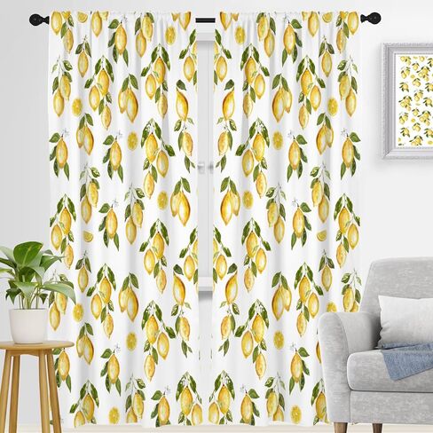 zokyer الليمون نافذة الستار مضحك لطيف الأطفال بنين بنات الصيف الفواكه الأصفر الأبيض نبات النباتات الخضراء الأوراق 42 "ث × 84" ل الستائر مجموعة لغرفة النوم غرفة المعيشة الحمام 2 لوحات قضيب جيب الستائر in Kuwait