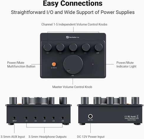 HiFiGo Fosi Audio PH05 5 Channel Desktop Headphone Splitter, Mini Desk DAC Amplifier with Audio Interface, Podcast Monitor Supports 16-300 Ω with 12V (PH05-US Plug) in Saudi Arabia