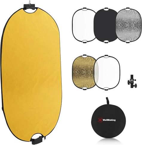 WELLMAKING 35''x47'' (90x120cm) Reflector Photography with Threaded Handle, Collapsible Light Reflector with Bag & tilt Adapter, 5in1 Reflector for Studio - Translucent, Silver, Gold, White and Black in Kuwait
