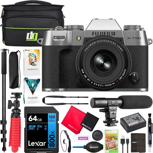 هيكل الكاميرا الرقمية Fujifilm X-T50 بدون مرآة - فضي + حزمة XF 16-50 مم F2.8-4.8 R LM WR 16828595 مع حقيبة تصوير ديكو جير + ميكروفون + مونوبود + مجموعة برامج وملحقات in Saudi Arabia