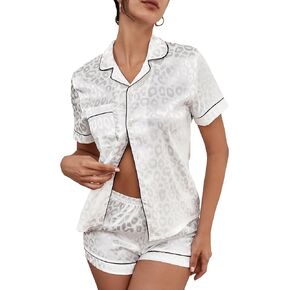 OYOANGLE Women's 2 Piece Satin Pajamas Set Leopard Button Shirt Shorts Set Loungewear