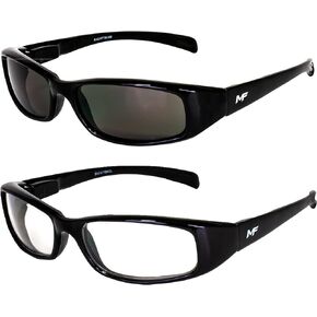 2 Pairs of MF Eyewear Bad Attitude Cool Wraparound Motorcycle Riding Sports Sunglasses Black Frames with Clear & Smoke Lenses