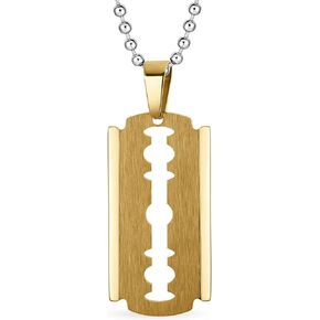 Personalize Hip Hop Biker Jewelry Goth Punk Rock Large Razor Blade Dog Tag Pendant Necklace For Men Black Silver Gold Tone Stainless Steel 20 Inch Ball Chain Customizable