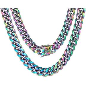 Rowin&Co Mens Chunky Miami Cuban Link Chain - Rainbow Multicolor Stainless Steel Curb Necklace, Nickel-free, Colorful Chains, Hip Hop Jewelry Choker Chain, 15mm/18-35 inch.