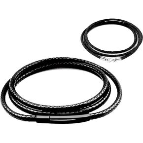Findout 2mm black Waterproof Braided Leather Necklace With Black Stainless Steel bayonet Clasp Unisex Wax Rope Chain Necklace For Men Women Girl Boy 14-36inch & Free Steel Silk Chain