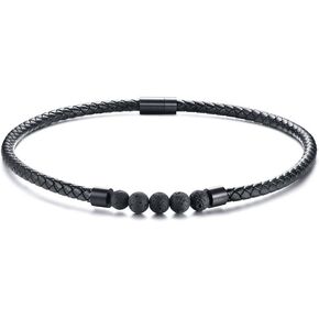 MEALGUET Black Braided Leather Chocker Necklace with Healing Lava Rock and Stainless Steel Closure for Men