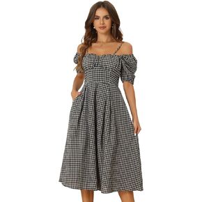 Allegra K Women's Vintage Gingham Dress Spaghetti Straps Off Shoulder Swing Plaid Dresses