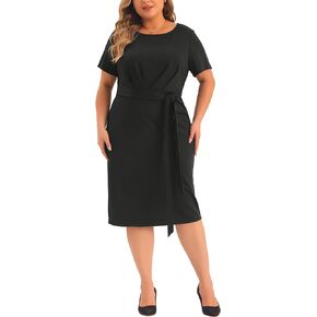 Agnes Orinda Plus Size Dress for Women Round Neck Short Sleeve Belted Knot Tie Midi Dresses