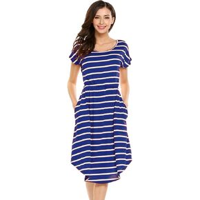 Halife Women's Short Sleeve Stripe Elastic Waist Casual Dress with Pocket