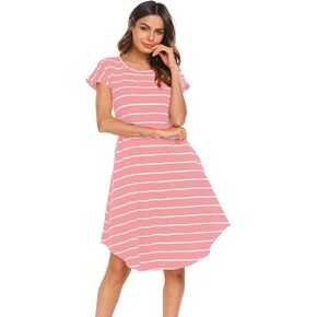 Halife Women's Short Sleeve Stripe Elastic Waist Casual Dress with Pocket