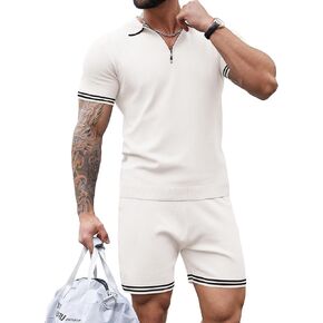 Atforna Men's Polo Shirt and Shorts Set Knit 2 Piece Outfits Casual 1/4 Zip Short Sleeve Tracksuit Set 2024 Spring Summer
