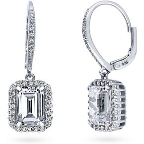 BERRICLE Sterling Silver Halo Emerald Cut Cubic Zirconia CZ Anniversary Leverback Dangle Drop Earrings for Women, Rhodium Plated