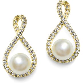 ماريل اقراط متدلية من اللؤلؤ الذهبي مع كريستال زركونيا مكعب للعرائس وحفلات الزفاف والام العروس واللؤلؤ المصنوع من الاحجار الكريمة المعدنية والزركونيا المكعبة, لؤلؤ مصنوع من الأحجار الكريمة المعدنية, in Kuwait