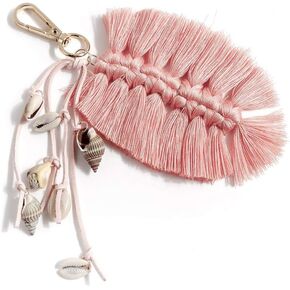 QTMY Shell Leaf Feather Tassel Keychain for Women,Cute Boho Bag Charm Pendant Keyring Purse Handbag Decor (Pink)