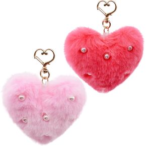 Melbelia Faux Fur Heart Pom Keychains for Women, 2Pcs Plush Heart Key Ring with Pearl, Soft Cute Car Key Chain Purse Handbag Charm Accessories for Women Girls Gifts(Red&Pink) in Kuwait