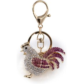 surell - Genuine Mink Fur Rooster Shaped Keychain - Cute Pompom Fashion Accessory with Sparkle- Fluffy Fur Ball Sparkly Animal Key Chain - Stylish Round Furry Bedazzled Charm - Stylish Gift - (White)