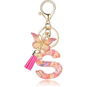 سلسلة مفاتيح على شكل حرف أبجدي أنيق باللون الأحمر الوردي وشرابة على شكل فراشة حلقة رئيسية لمحفظة حقائب اليد للنساء والبنات in Kuwait