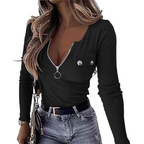 قميص هينلي نسائي قصير/طويل الأكمام من باشافو مثير بسحاب ورقبة على شكل حرف V تي شيرت منسوج مضلع بأزرار سفلية ملابس صيفية ضيقة in Kuwait