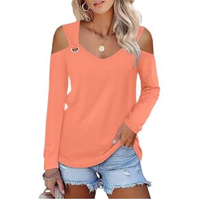 Bellcoco Womens Fashion Cold Shoulder Tops V Neck Orange Blouse Tunic Shirts Summer Long Sleeve T Shirts in Kuwait