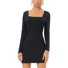 BIRW 2024 Womens Square Neck Long Sleeve Dresses Sexy Stretch Corset Going Out Bodycon Mini Dress for Party Club