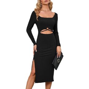 BLUEMING Women Long Sleeve Dress Knit Square Neck Slit Cutout Bodycon Fall Dresses