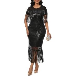 VERWIN Women's Fringe Maxi Dress Sequins Short Sleeve Tassels Dress Prom Dress Party Cocktail Dress in Kuwait