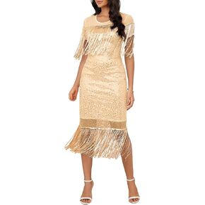 VERWIN Women's Fringe Maxi Dress Sequins Short Sleeve Tassels Dress Prom Dress Party Cocktail Dress