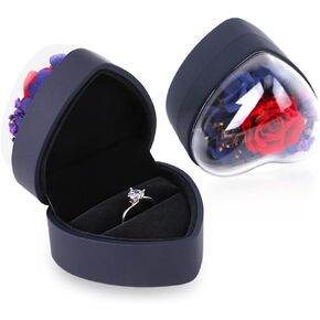 iSuperb Heart Shape Ring Box Preserved Flower Rose Ring Case Velvet Jewelry Box Gift Box for Valentine's Day Mother's Day Wedding Anniversary Birthday (Dark Blue)