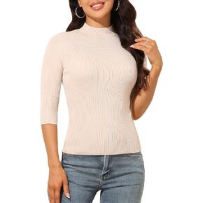 Women's 3/4 Sleeve Sweater Top Stand Collar Knit Pullover with Buttons Slim Knit Top