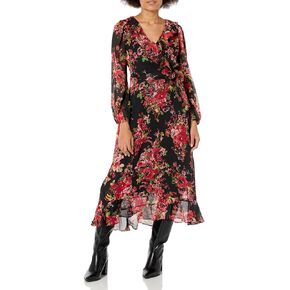 London Times Women's Long Sleeve Chic and Versatile Chiffon Ruffle Faux Wrap Dress in Saudi Arabia