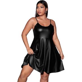 WDIRARA Women's Plus Size Spaghetti Strap Pu Leather Flared Hem A Line Cami Dress