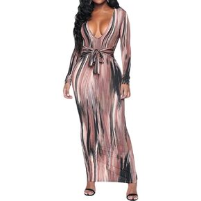 Women Long Sleeve Party Slim Dress Bodycon Sexy V Neck Club Maxi Dresses