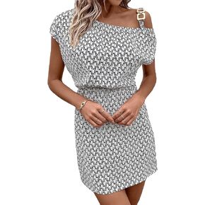 WDIRARA Women's Graphic Print High Waisted Asymmetrical Neck Short Dolman Sleeve Mini Dress