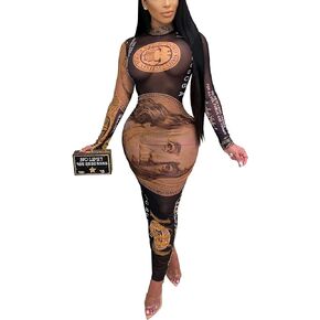 Women's Dollar Money Print Sexy Mesh See Through Dresses Long Sleeve Midi Bodycon Party Club Dress